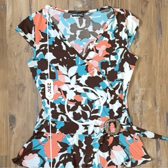 VTG Y2K 2000s Floral Wrap Style Wooden Buckle Blouse - Picture 7 of 8